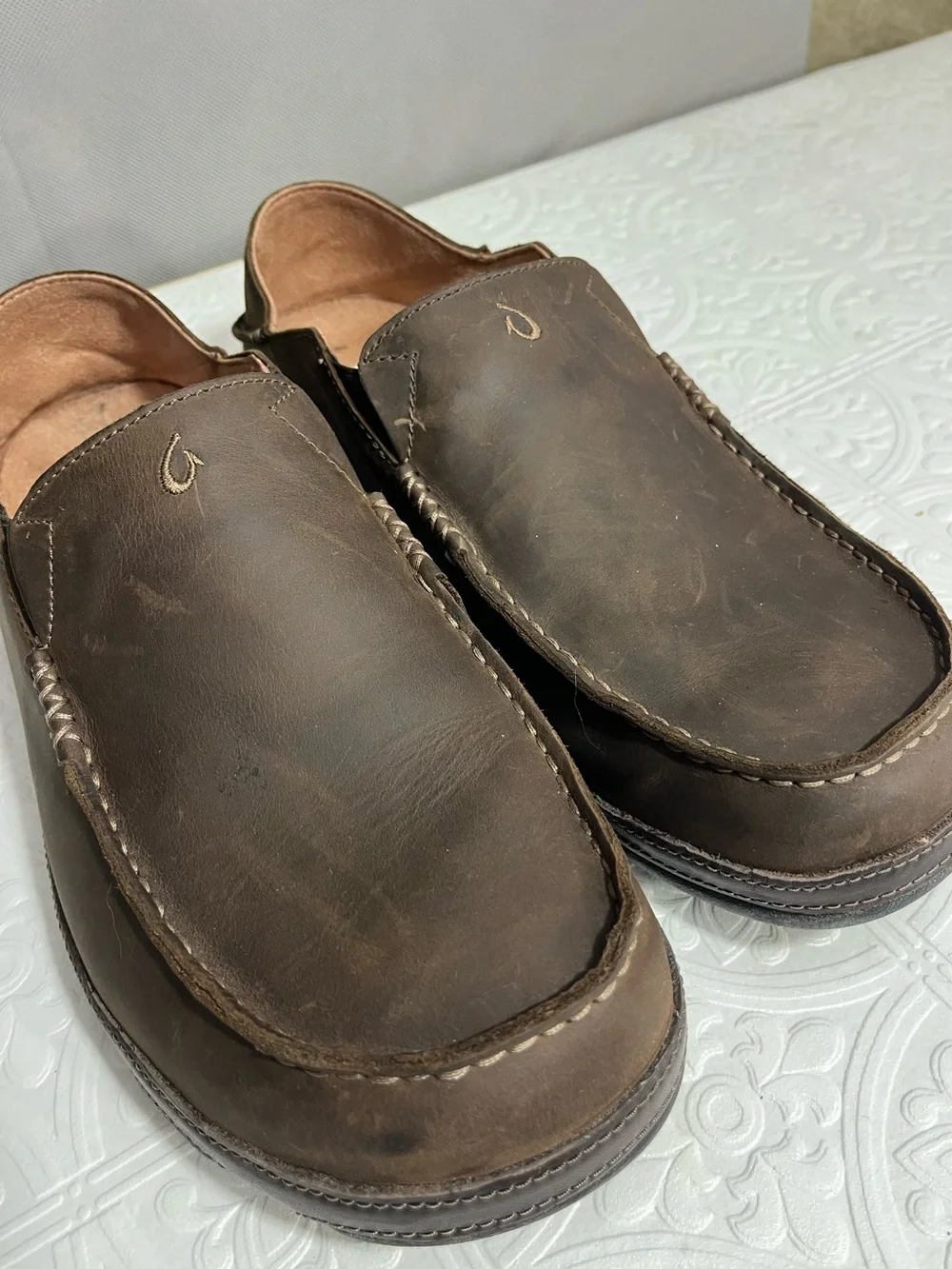 OluKai Moloa Men's Leather Slip-On Loafers Dark Wood Java Brown Size 14